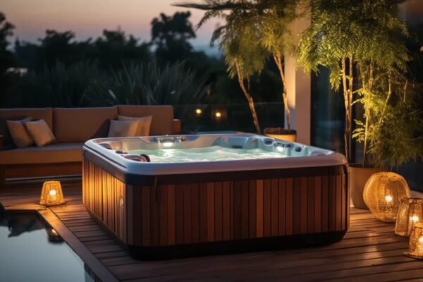 Cozy Hot Tub on a Deck, Surrounded by Glowing Candles and Twinkling Lights